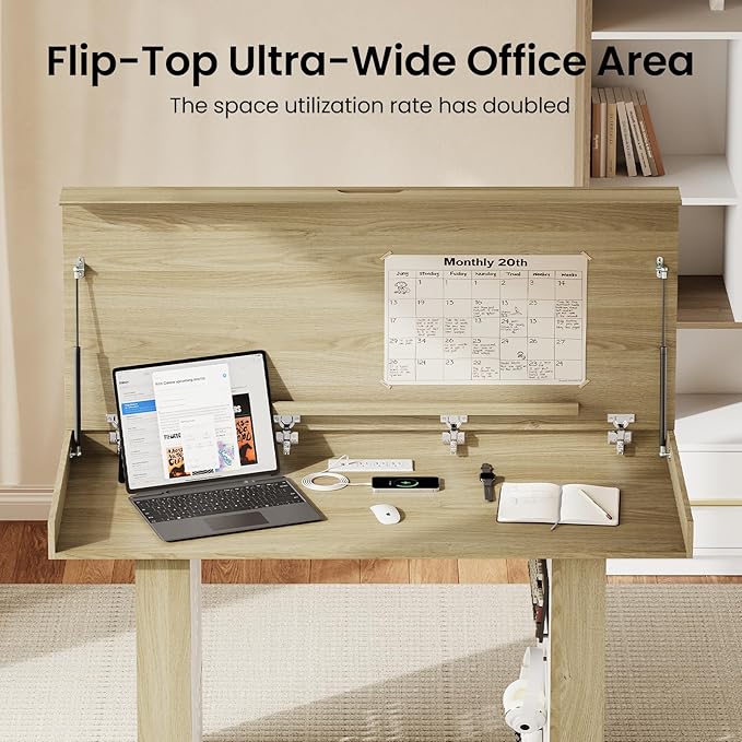 55 Computer Desk with Storage 2-in-1 Convertible Gaming &amp Dining Table One-Piece Executive Desk with Power Strip &amp Pegboard Soft-Close Gas Strut Workstation for Home and Office Light Wal