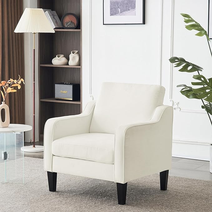 VINGLI Living Room Chairs White Accent Chair Soft Chenille Comfy Arm Chair Mid Century Modern Sofa Chair for Small Spaces Bedroom Home Offfice Apartment Lounge (Creamy White)