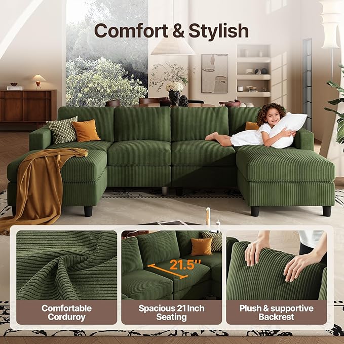 101 Inch Green Corduroy Sectional Sofa U Shaped Sectional Sofa with 2Ottomans 6 Seater Convertible Corduroy Sofa Comfortable Living Room Couch (Green 4 Seat with 2 Ottoman)