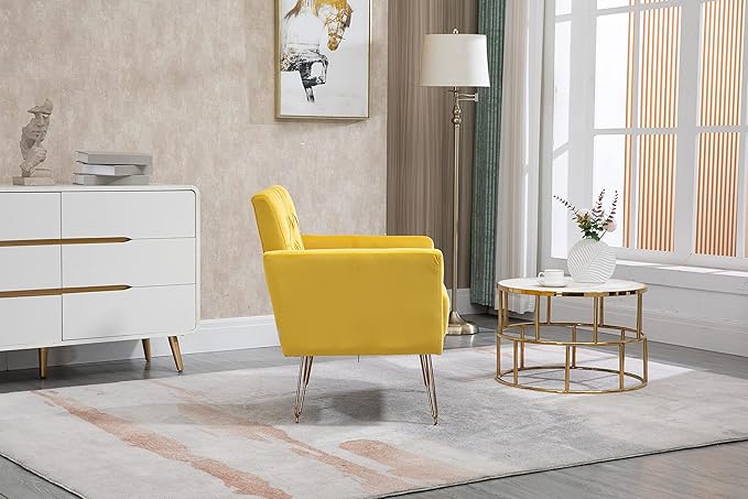Velvet Accent Chair Upholstered Living Room Accent Armchair Leisure Single Chairs with Rose Golden feet Tufted Sofa Chairs for Home Office Living Room Bedroom Small Space (Mustard)