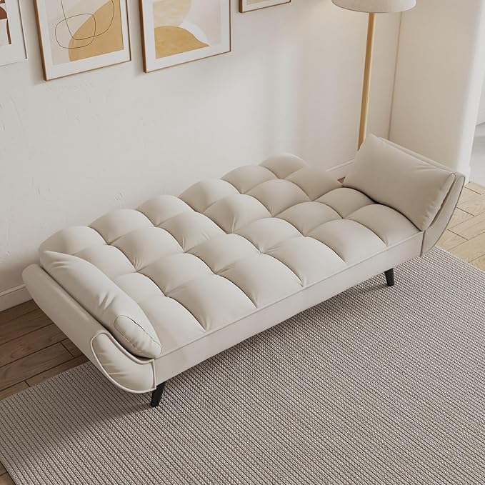 Velvet Futon Sofa Couch Bed with 2 Pillows Convertible Folding Futon Couch with Adjustable Backrest Love Seat Sleeper Sofa Bed for Small Spaces Living Room Office Apartment (Beige)