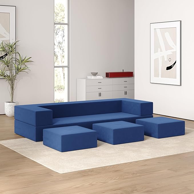 Folding Sofa Couch Queen 3-in-1 Floor Couch Bed Velvet Foam Sleeper with 3 Ottomans Removable Cover Futon Convertible Sofa Bed for Living Room/Guest/Play Room/Office/Dorm(Dark Blue)
