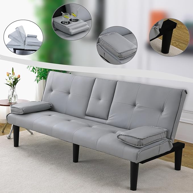67Modern Futon Sofa BedConvertible 3 in 1 Sleeper Bed Couches with Adjustable BackrestCup HoldersComfy PU Leather Recliner Sofa Loveseat with Chrome Legs for Small Home Living Room (Grey)
