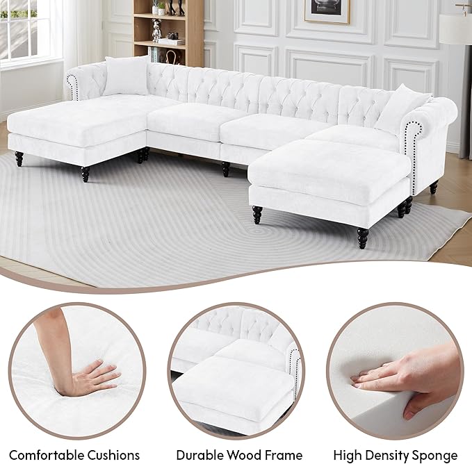 ORRD U Shaped Chesterfield Sofa Oversized Sectional Linen Couch Chaise Ottoman Sofa Upholstered Accent Tufted Couch with Rolled Armrest and Nailhead Design for Living Room Office - White