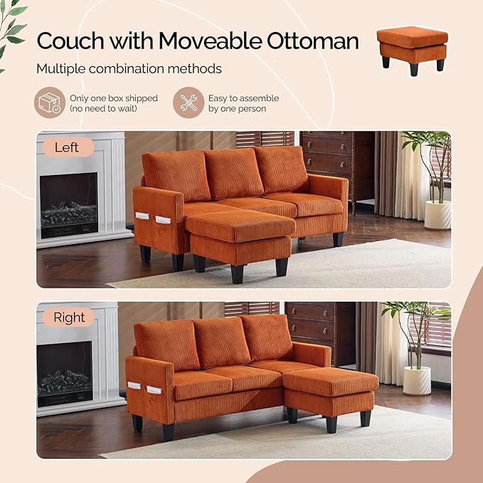VINGLI 68.5' L Shaped Couch with Movable Storage Ottoman Convertible Sectional Sofa in Soft Corduroy Fabric Modern Reversible Chaise Couch for Small Spaces Apartment Living RoomOrange
