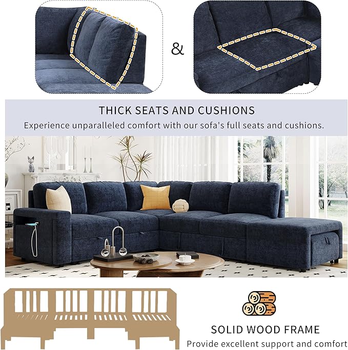 Convertible Sleeper Sectional Sofa with Pull-Out Bed and Storage Space &amp Ottoman Armrest w/USB Ports &amp Cup Holders Corner 6 Person L-Shape Modular Couch for Living Room Apartment (Blue)