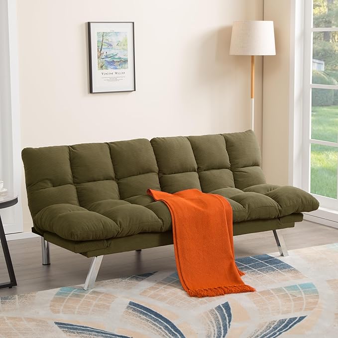 67” Convertible Futon Couch Bed Adjustable Pillow Top Arm Memory Foam Cloud Futons Loveseat Modern Light Gray Corduroy Mini Small Sofa Couches for Living Room