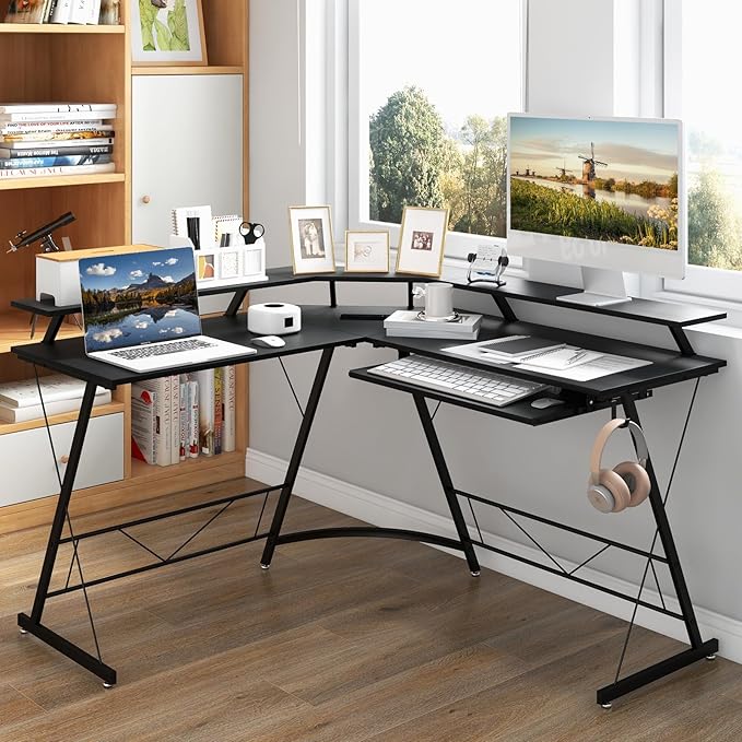 Giantex L Shaped Computer Desk with Power Outlet 51 Corner Computer Desk with Monitor Stand and Reversible Keyboard Tray Modern Gaming Desk with Hook Home Office Desk Workstation (Black)