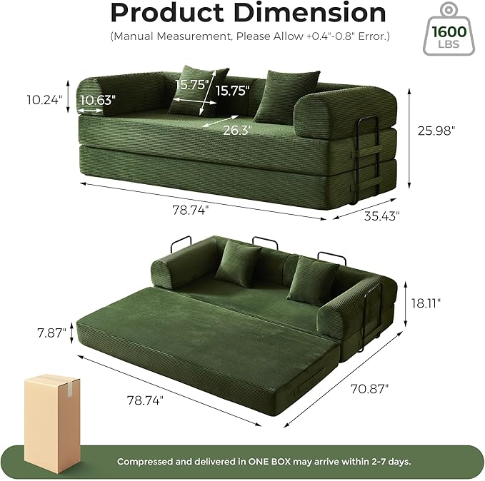 5-in-1 Reinforced Folding Sofa Bed | 79 Steel Support Frame with High-Resilience Memory Foam | Sturdy &amp No Tools Needed for Family Living Room (Green)