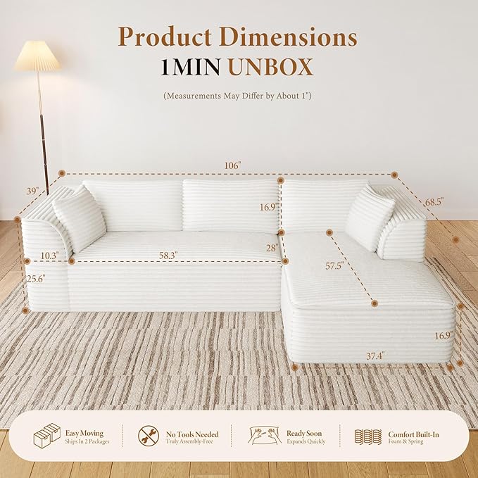 Vesgantti 106 Modular Sectional Sofa with Chaise Deep Seat Comfy Cloud Couch Corduroy L Shaped Sofa Sectional Couches for Living Room Bedroom No Assembly Required (Beige Right-Facing Chaise)