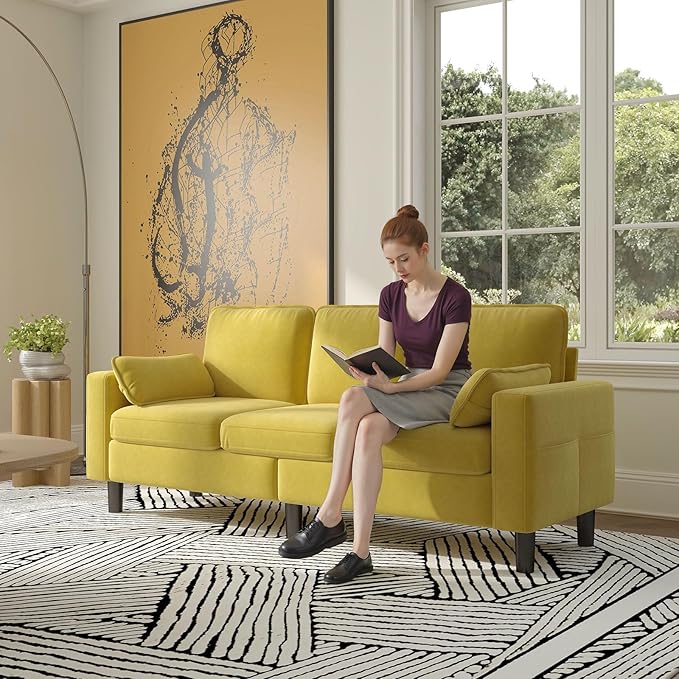 Kinfant Accent Living Room Chair - Modern Upholstered Armchair Reading Side Chair Single Sofa for Bedroom Apartment Studio Office Waiting Room (Yellow 3-Seater)