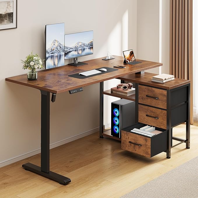 47 Inch L Shaped Standing Desk with 3 Drawers Electric Standing Desk with Storage Computer Desk Adjustable Height with Power Outlets 4 Memory Presets for Home Office Rustic Brown