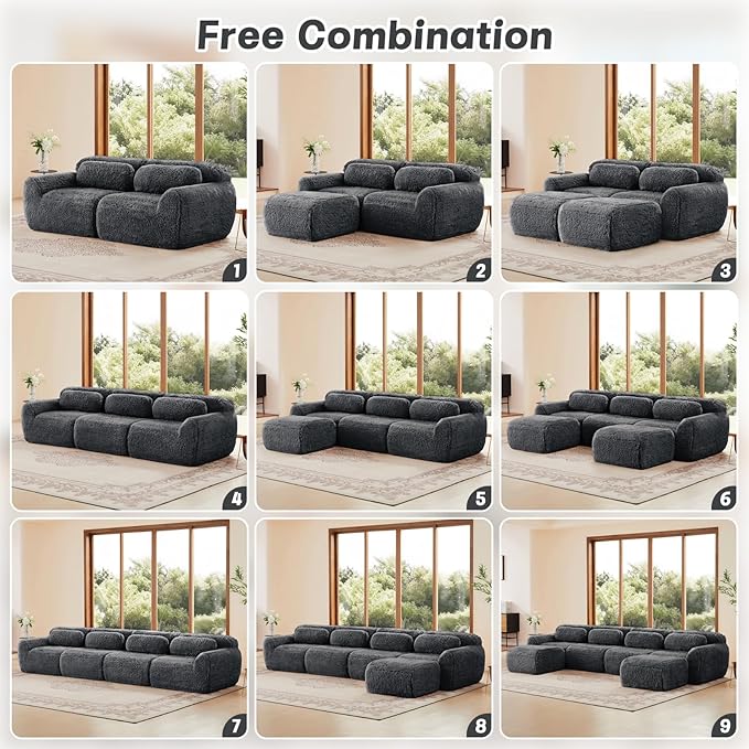 Modern Boneless Ottoman for Modular Sectional Sofa Set Deep Seat Compressed Plush Fabric Fabric Cloud Couches for Living Room Apartment No Assembly Required Grey