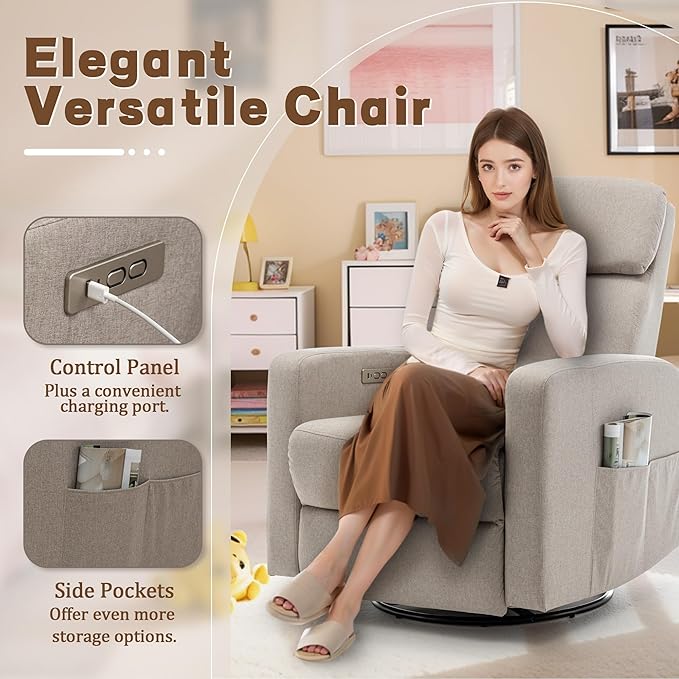 Power Swivel Recliner Chairs for Adults Electric Glider Rocking Chair Nursery Glider Recliner Nursery Chair with Classified Side Pocket Nursery Rocking Chairs with USB and Type-C Ports