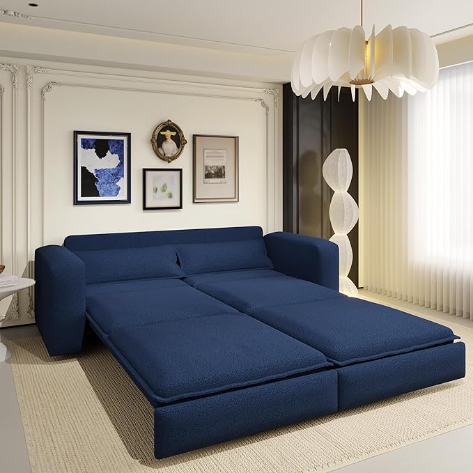 93King Size Pull Out Sofa Bed 3-in-1 Teddy Convertible Sleeper Sofa with Ultra Wide Armrests Tufted Modern Sofa with 2 Lumbar Pillows for Bedroom Living Room Apartment (Blue 93inch)