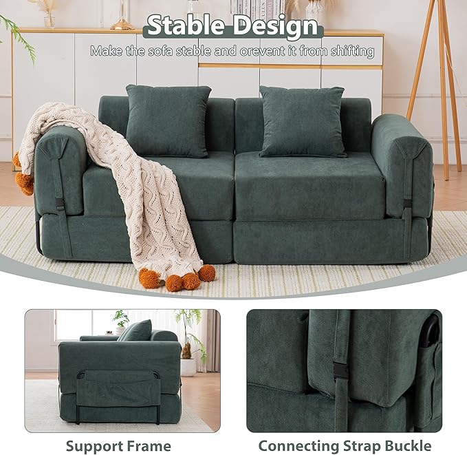 71'' Convertible Sofa Bed with Storage Pocket - Boneless Loveseat with Fixed-Shape Frame - Loveseat Sofa Bed with Pillow Support Folding Couch for Living Room Office Bedroom (Green)