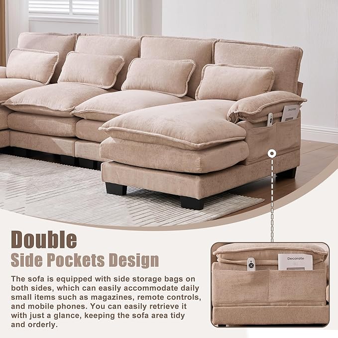 KEIKI 108 U-Shaped Chenille Modular Sectional Chenille Sofa with 2 Movable Ottoman &amp Pillows &amp 2 Side Pocket Oversized 4-Seater Couch with Memory Foam Cushion Easy Assembly for Living Room