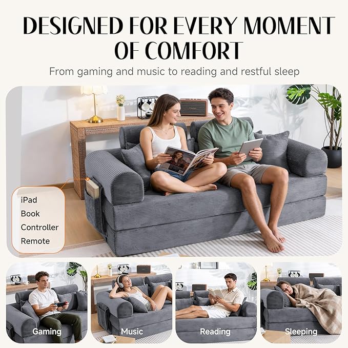 79 Corduroy Sofa Bed Sleeper Couch 6-in-1 Convertible Boneless Floor Futon Loveseat High-Density Foam Couch in a Box with 2 Headrest Pillows No Assembly Dark Grey