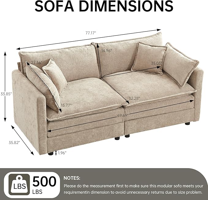 Modular Sectional Sofa 77 Inch Rectangle Shaped Couch Set with Armrests 2-Seater Comfy Cloud Couches for Living Room Apartment Coffee
