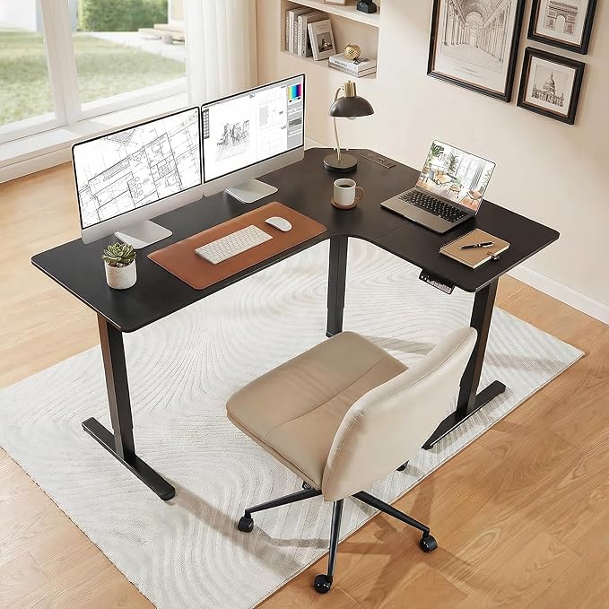 HUANUO 63″ Dual Motor L-Shaped Standing Desk Built-in Power Outlets Electric Height Adjustable Corner Computer Desk Large Power Strip Holder Sit Stand Up Desk with 3 Preset Heights Black