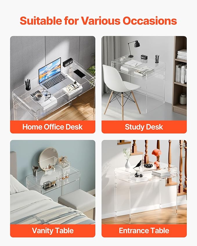 VEVOR Acrylic Desk Clear Laptop Study Desk with Storage Shelf Modern Transparent Console Table for Home Office Living Room Bedroom Entryway 33.5 W x 15.7 D x 29.5 H