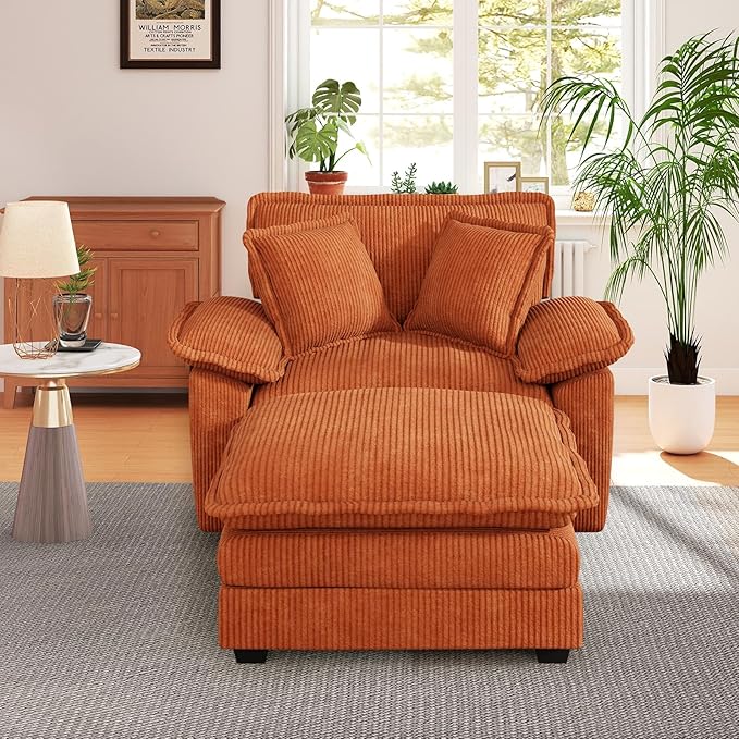 48 W Oversized Chaise Lounge Chair Indoor with Ottoman Upholstered Cloud Accent Chair with Extra Wide Armrests Comfy Green Corduroy Sleeper Chair for Living Room Bedroom Reading (Orange)