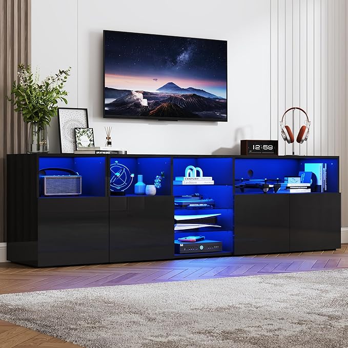 LED TV Stand for 85 Inch TV Modern TV Stand with Power Outlet High Glossy Modern TV Console Entertainment Center with Storage and LED Lights for Living Room Bedroom Black