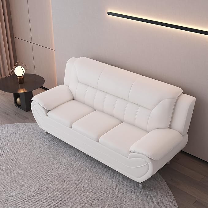 Michael Modern Faux Leather Upholstered Stainless Steel Legs Living Room Sofa Cream White