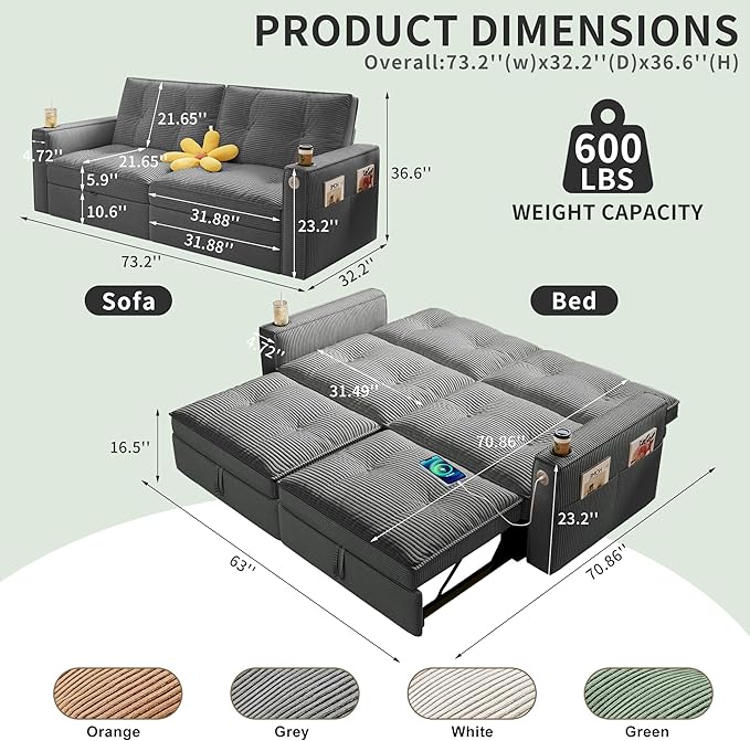 73 Queen Size Sofa Bed Loveseat Sleeper Sofa with Pull Out Bed Pockets and USB Corduroy Fabric 2 Seater Convertible Small Couch for Living Room Bedroom Apartment Grey