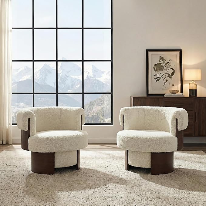 360° Swivel Barrel Chair Set of 2 Modern Curved Sculptural Swivel Barrel Chair Comfortable Fabric Upholstered Single Sofa for Living Room and Bedroom (Beige/144)