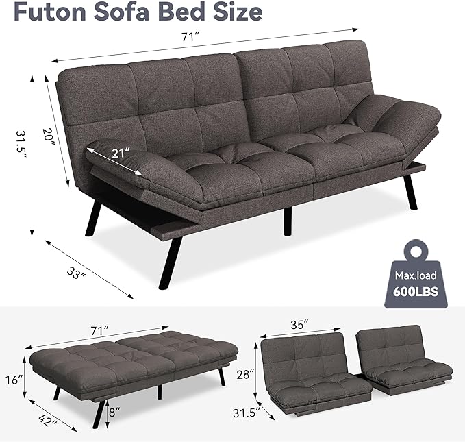 Vyfipt Convertible Futon Sofa Bed 71 Memory Foam Futon Couch with DetachableAdjustable BackrestLinen Fabric Folding Small Loveseat Sleeper for for Living RoomRVOfficeApartmentDark Grey