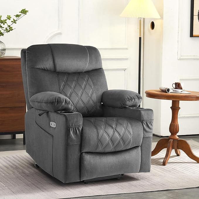 MCombo Small Size Triple Motor Power Lift Recliner Chair Sofa with Massage and Dual Heating Adjustable Headrest for Elderly People Petite USB Ports Extended Footrest Fabric 7222 (Dark Grey)
