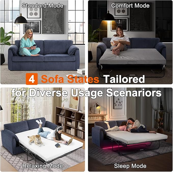 Pull Out Sofa Bed Corduroy Queen Sleeper Sofa Couch with Foam Mattress Large Sleeper Pullout Couch Bed for Living Room Office Queen Size (Blue)