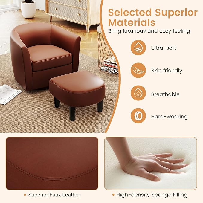 GOFLAME Swivel Barrel Chair with Ottoman Modern Faux Leather Accent Chair with Footrest Curved Backrest Removable Seat Cushion Upholstered Club Tub Sofa Chair for Bedroom Living Room Brown