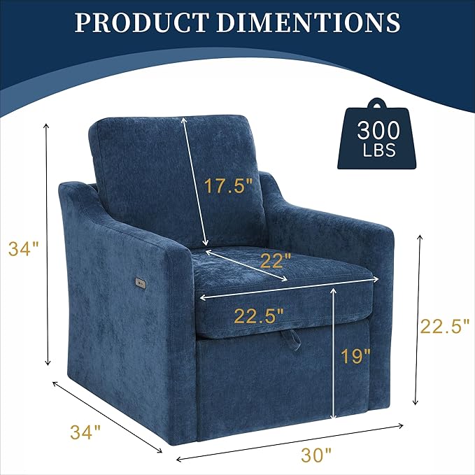 Swivel Accent Chair 360° Swivel Comfy Upholstered Seat for Living Room Bedroom Office with Hidden Storage &amp Dual USB-C Ports Chenille Fabric 300lbs Capacity Navy Blue