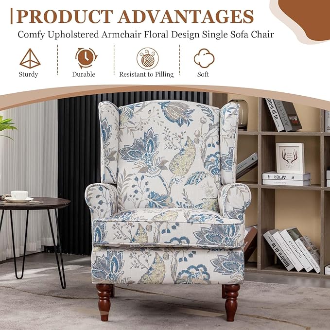 Anwick Modern Floral Accent Chair Upholstered Armchair Wingback Chair with Wooden Legs Single Sofa Reading Chair Accent Chairs for Living Room Bedroom Office (Blue)