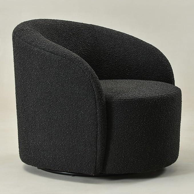 KINWELL 34 Boucle Swivel Barrel Chair with 18 Round Ottoman Set Fully Assembled Set of Sherpa Accent Chair and Footrest Modern Comfy Armchair and Footstool for Living Room and Bedroom Black