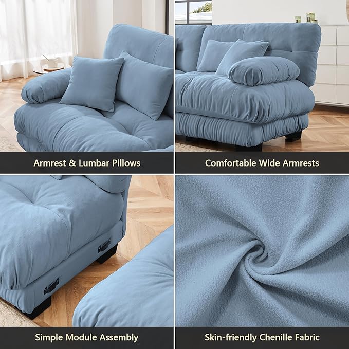 Setawix Luxury Modular Sectional Sofa Couch with Deep SeatOversized L-Shaped 2 Seater Sofas with Curved ArmrestComfy Chenille Cloud Couch for Living RoomBlue