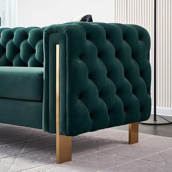 Chesterfield Modern Tufted Velvet Living Room Sofa with High Armrest and Metal Legs Decor 84.25''W 3 Seater Couch Couches Furniture for Bedroom Office (Green)