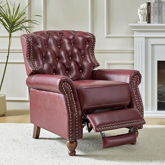 HULALA HOME Genuine Leather Recliner Chair with Solid Wood Feet Modern Adjustable Tufted Push Back Arm Chair w/Rivet Decoration Home Theater Seating Single Reclining Sofa for Living Room Burgundy
