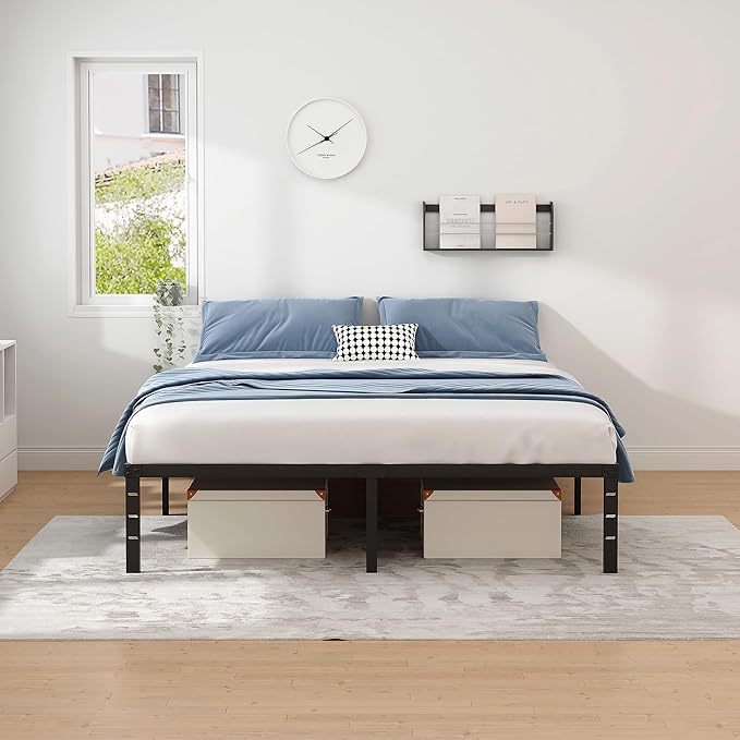 Metal Bed FrameQueen Size Bed Frame with Storage SpaceHeavy Duty Sturdy Mattress FoundationEasy AssemblyNo Box Spring Needed Black18 InchQueen