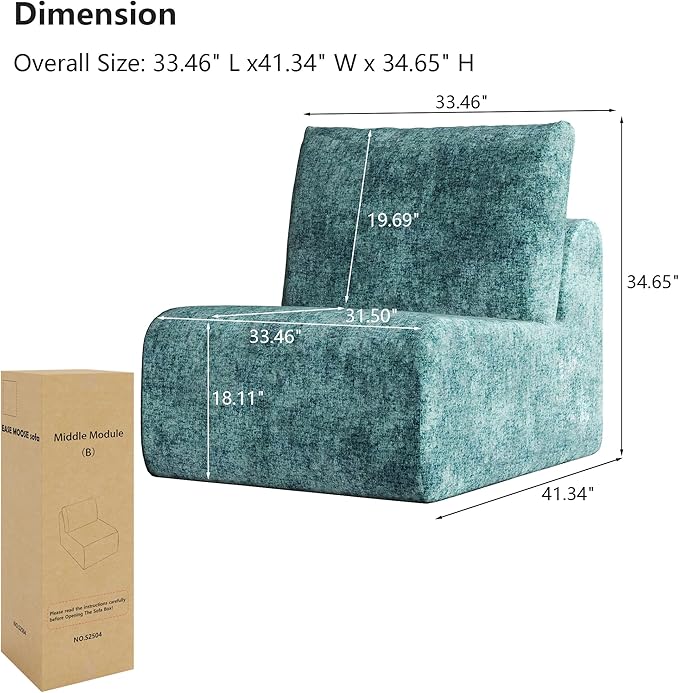 EASE MOOSE Milddle Module Seat for Boneless Sectional Modular Cloud Couch Sectional Armless Chair for Modular Boneless Cloud Sofa Blue
