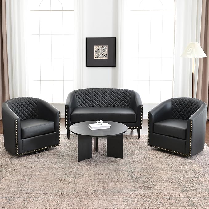 KINWELL 50 Faux Leather Upholstered Loveseat Sofa with 2 Swivel Barrel Accent Chairs Minimalist Comfy 2-Seater Couch and Armchair for Small Spaces Apartment Black