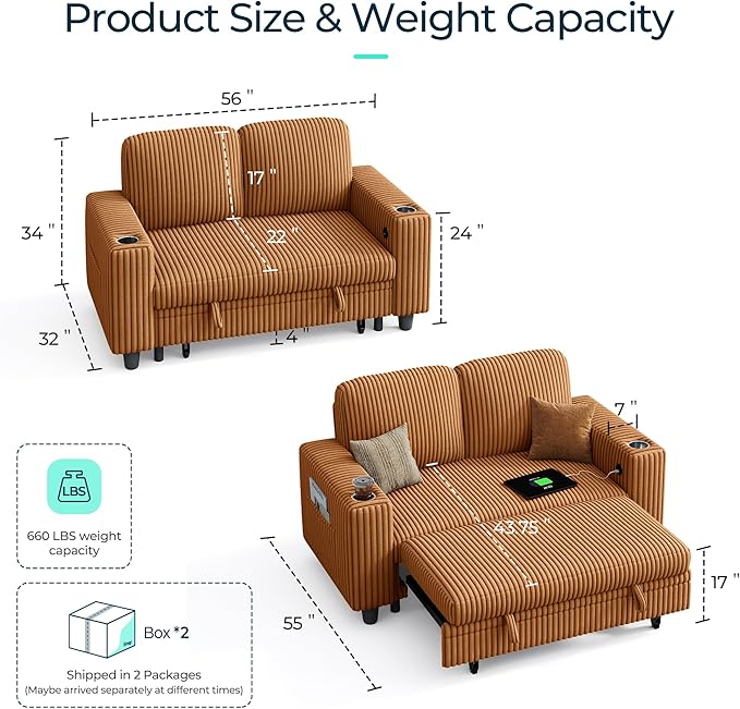 LINSY HOME Loveseat Sofa with Pull Out Couch Chaise: 2-in-1 Convertible 2 Seater Sofa with USB Charging &amp Cup Holders Comfy Plush Corduroy Love Seat for Small Spaces Living Room Apartment Brown