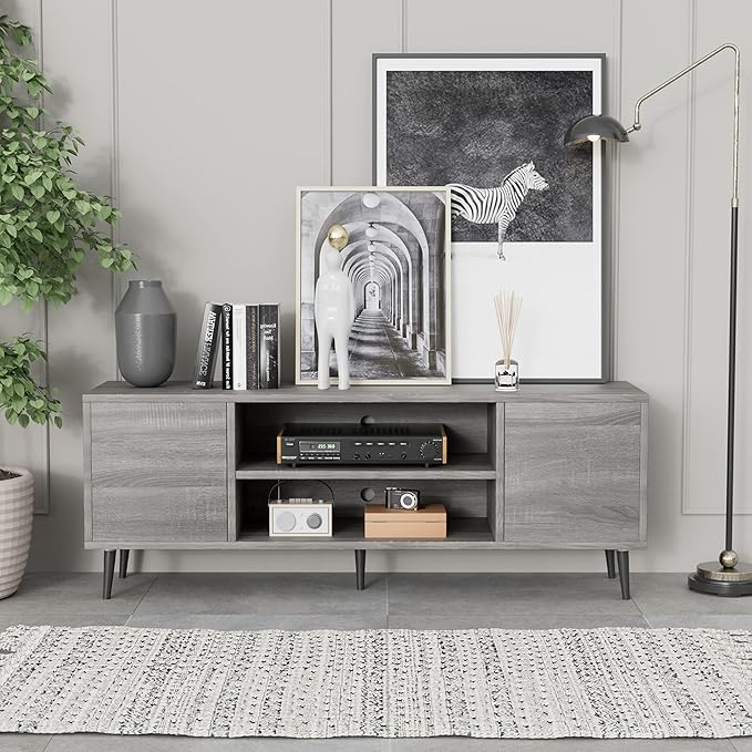 JUMMICO TV Stand for 65 Inch TV Mid Century Modern TV Stand Entertainment Center with Storage Cabinet and Open Shelves TV Console Table Media Cabinet for Living Room and Bedroom (Gray)