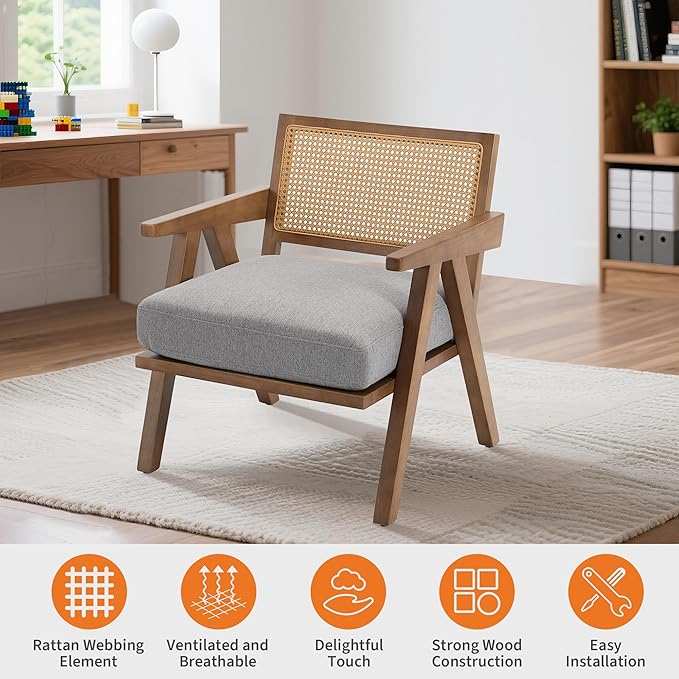 GarveeHome Mid-Century Farmhouse Accent Chair - Wood Armchair with Rattan Backrest &amp Linen Cushion for Living Room Bedroom - Gray Easy Assembly(2 Pcs)