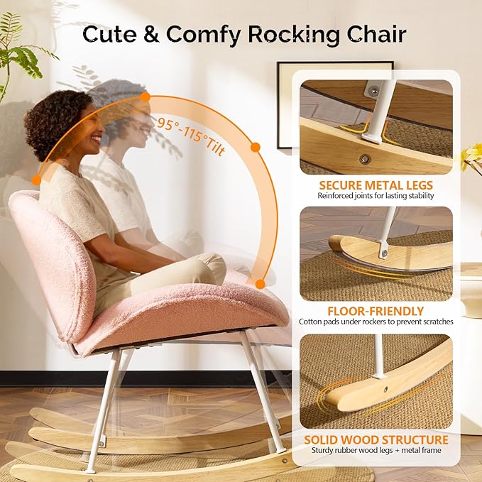 VINGLI 25.6 Extra Wide Nursery 115° Armless Rocking Chair Curved Cute Cross-Legged Glider Chair with Pillow &amp Solid Wood Nursing Chair for Bedroom Living Room Teddy Fleece Pink