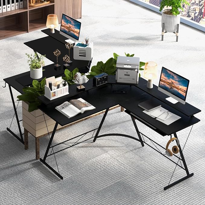 Tangkula L-Shaped Computer Desk with Power Outlet 51 Corner Computer Workstation with Monitor Stand Keyboard Tray &amp Headphone Hook Ergonomic Gaming Desk for Home Office (Black)