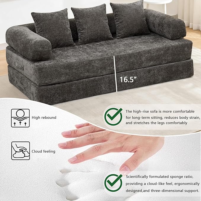 79 Inch 4-in-1 Convertible Sofa Bed Boneless Couches Chenille Folding Sleeper with Pull Out Bed Floor Futon Modular Lounge Loveseat Compressed Sofa No Assembly Required for Living Room (Gray)