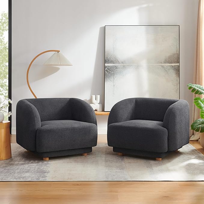 VANOMi Oversized Living Room Chair Modern Comfy Accent Barrel Chairs Single Sofa Chair with Wood Legs Upholstered Armchair for Bedroom Office Waiting Room (Dark Gray)